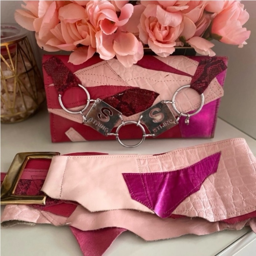 DUTCHES OF NEW YORK Pink Patchwork Leather Clutch & Belt Bundle - Picture 1 of 8